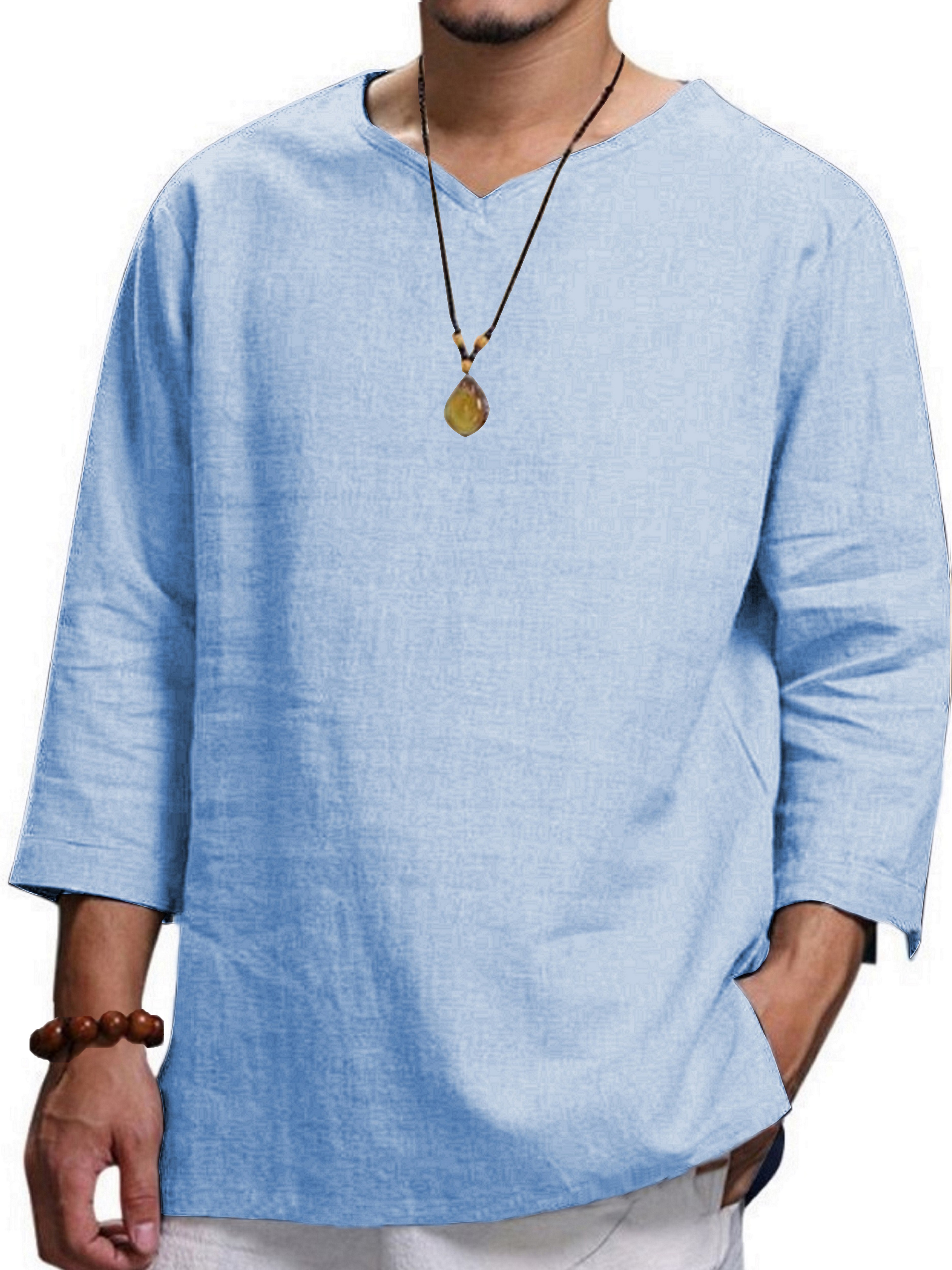 Einfarbiges Herren hemd aus reiner Baumwolle im Frühjahr und Herbst im Retro-Stil, lässiges Hemd mit 3/4 Ärmeln und V-Ausschnitt, vielseitiges Herren hemd