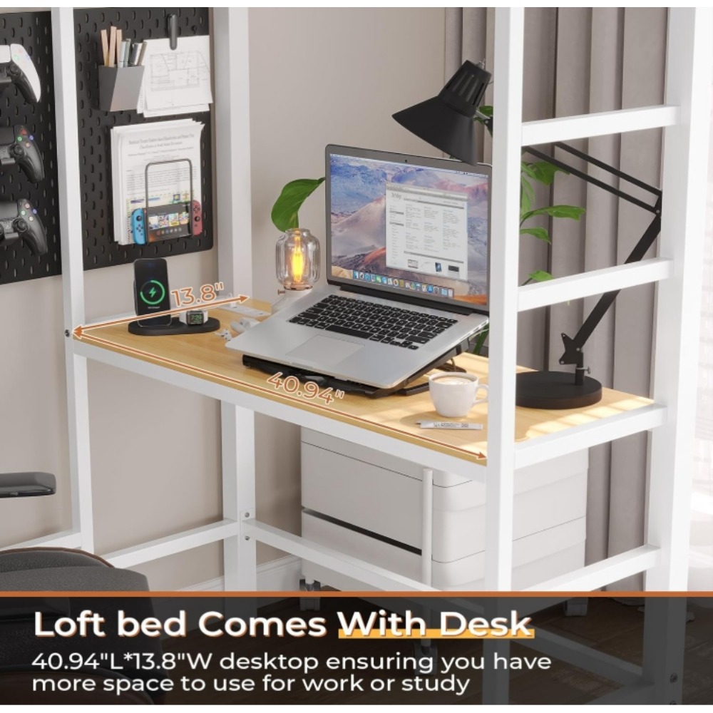 Loft Bed Twin Size with Desk and Charging Station Metal Loft Bed with Led Lights,Storage Shelves and Drawers Twin Size Bed