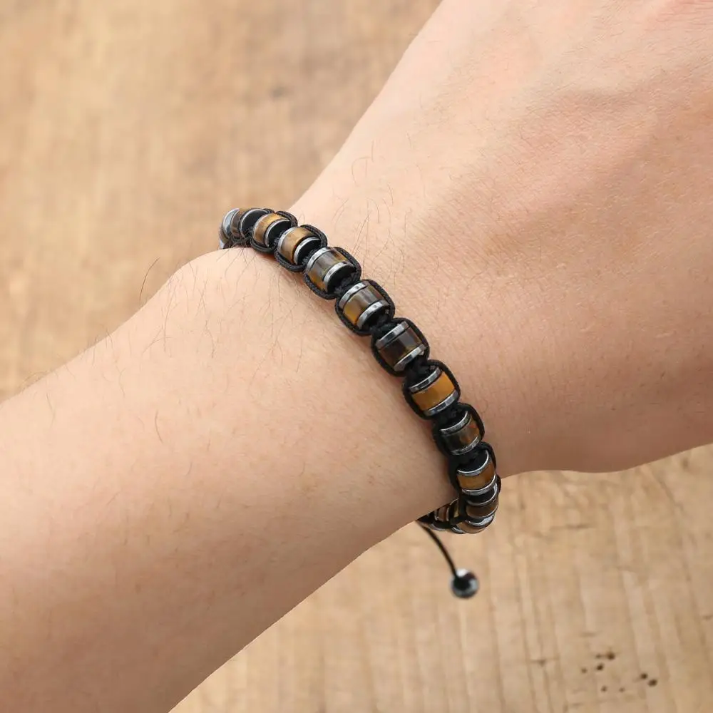 Joyería hecha a mano para hombre, pulsera trenzada de hematita con piedra de ojo de tigre, pulsera con dijes para pareja