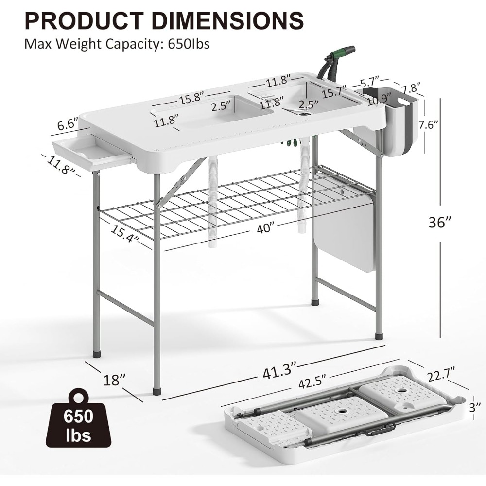 42.5" Fish Cleaning Table with Dual Sink, Portable Folding Camping Table with Faucet, Sprayer, Grid Rack, Hose Hook Up & Knife