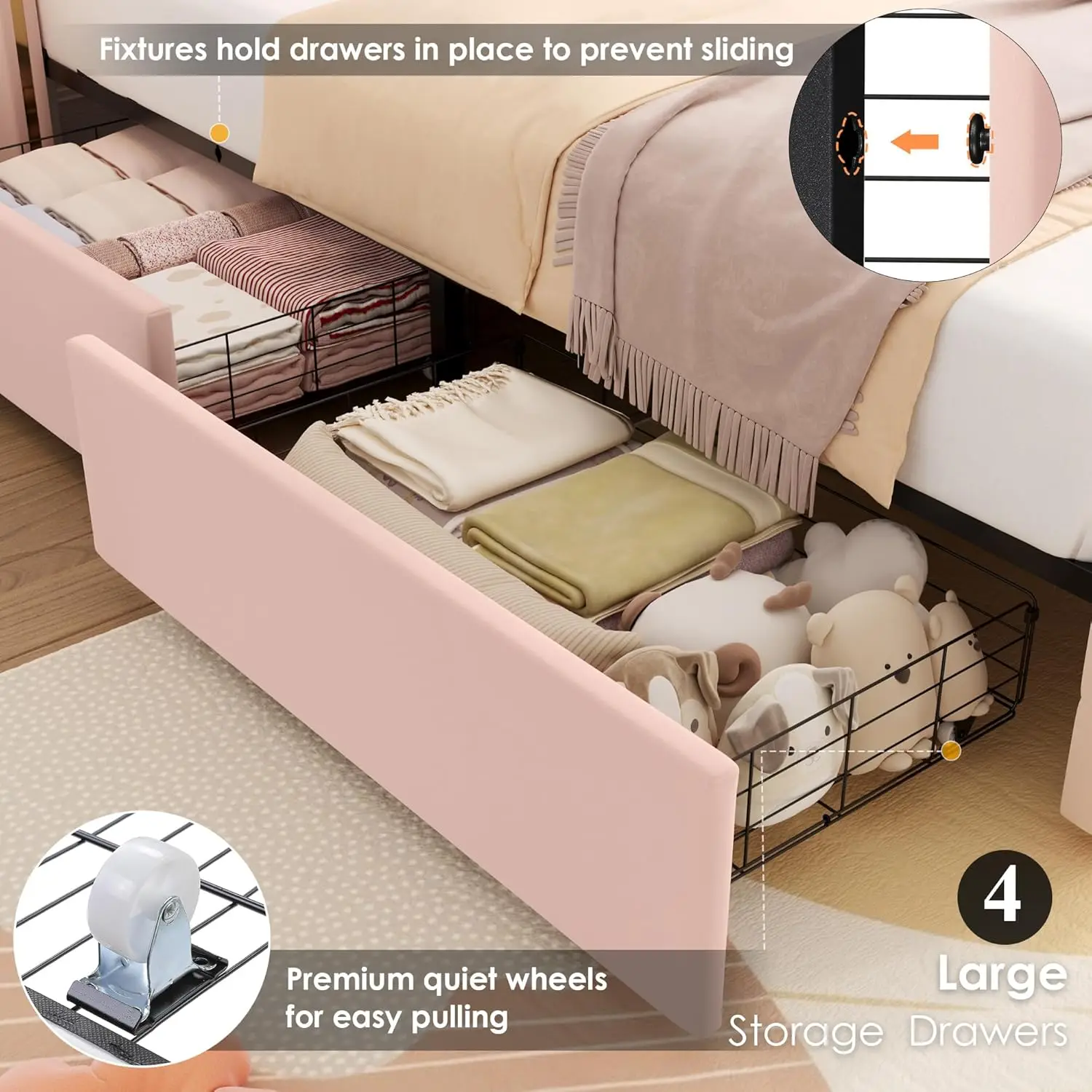 Upholstered Twin LED Bed Frame with Crystal Button-Tufted Headboard and 4 Storage Drawers, Velvet Princess Twin Size Platform Be
