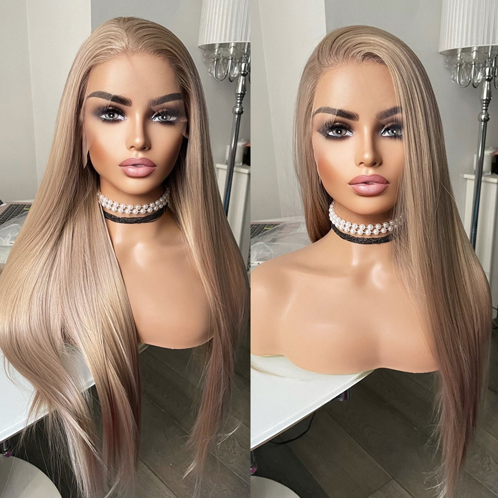 13 × 4 レースウィッグロングストレートヘア合成レースフロントウィッグ女性のためのアッシュブロンドかつら合成耐熱パーティーコスプレウィッグ