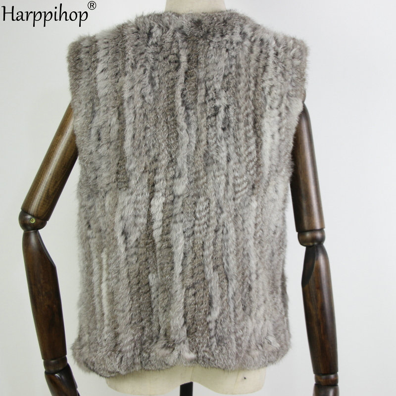 Nova malha de pele de coelho colete gilet sem mangas vestuário colete natural marrom/cinza/preto