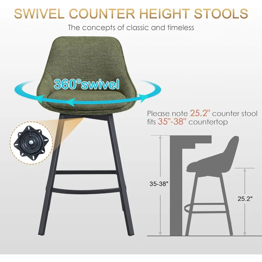 Swivel Bar Stools Set of 2 Modern Counter Height Barstools with Backs Linen Fabric High Chairs for Island Kitchen