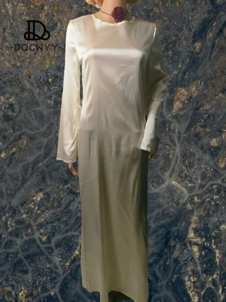 Damenkleider 2025, neue lange Kleider, modisch, schlicht, Rundhalsausschnitt, Satin, ausgestellte Ärmel, Schnürung, schlanke Abendparty-Kleider, sexy Kleid