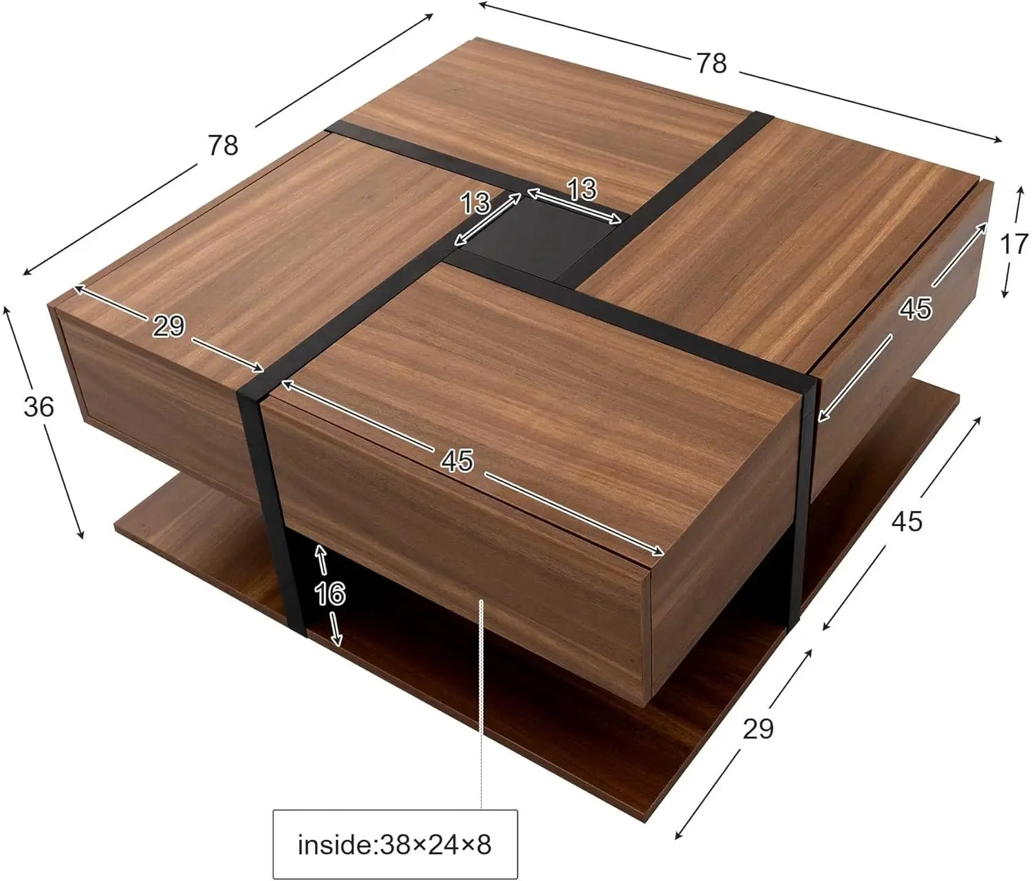 Coffee Table with 4 Drawers Unique Color Matching and Line Design Storage Space at the Bottom 78 * 78 * 36cm (White)