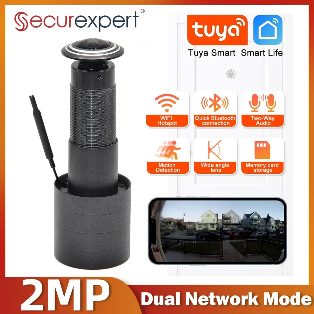 Cámara visor de puerta WiFi HD de 2MP, 1080P, mirilla de vídeo con detección de movimiento y Audio bidireccional, Tuya Smart Life para seguridad del hogar