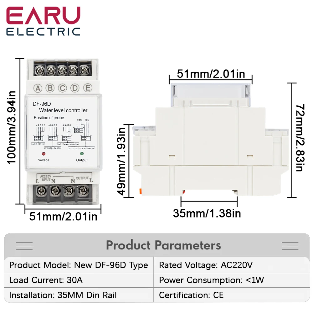 DF-96D DF-96DK Water Level Controller Switch 25A 220V Water Tank Liquid Level Detection Sensor Water Pump Controller 2M Wires