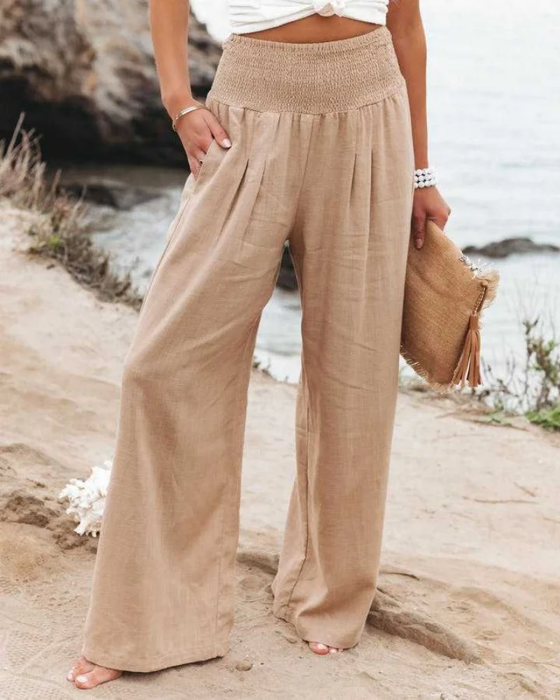 Elegante Retro Solide Baggy Hosen Frauen Lose Elastische Hohe Taille Tasche Vintage Leinen Breite Bein Hosen Streetwear Büro Hosen