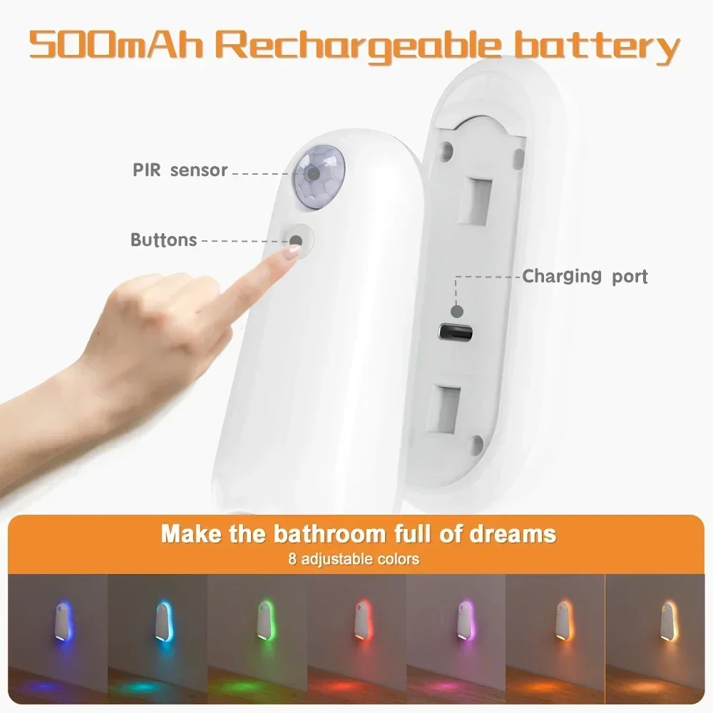 Luz LED con Sensor de movimiento para inodoro, luz nocturna RGB 2 en 1, recargable, 8 modos de luz, lámpara impermeable para iluminación de paso de pasillo de inodoro