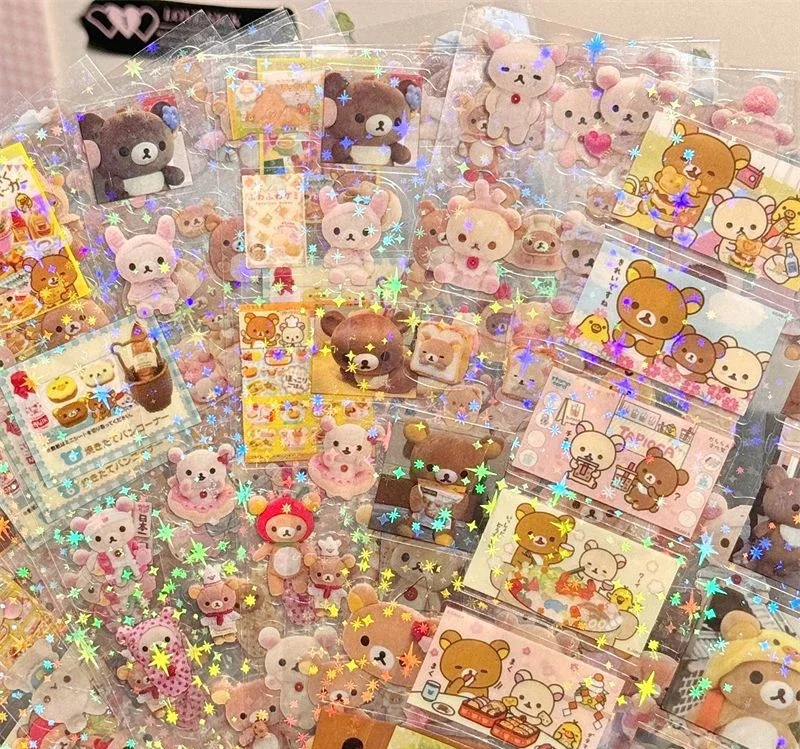 5 시트 만화 HelloKitty Rilakkuma 스티커 만화 애니메이션 다이 커팅 깜박이 레이저 스티커 데칼 DIY 핸드북 장식