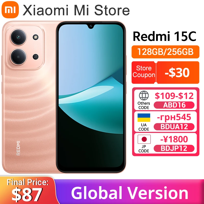 글로벌 버전 샤오미 레드미 15C 스마트폰 120Hz 6.9인치 도트 드롭 디스플레이 50MP 메인 카메라 33W 충전 미디어텍 헬리오 G81-울트라