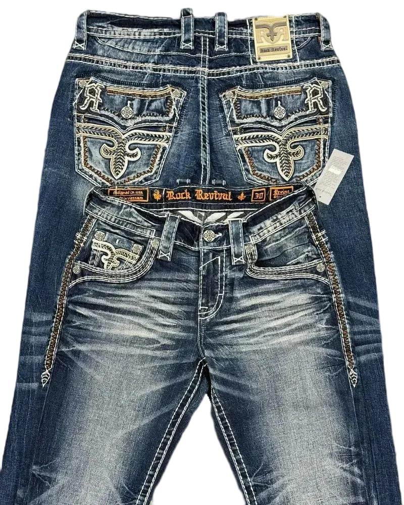 힙합 록 리바이벌 수 놓은 청바지 2024 뉴 아메리칸 스타일 스트리트웨어 루즈 캐주얼 Y2k 와이드 레그 청바지 가을 남자 남성 청바지