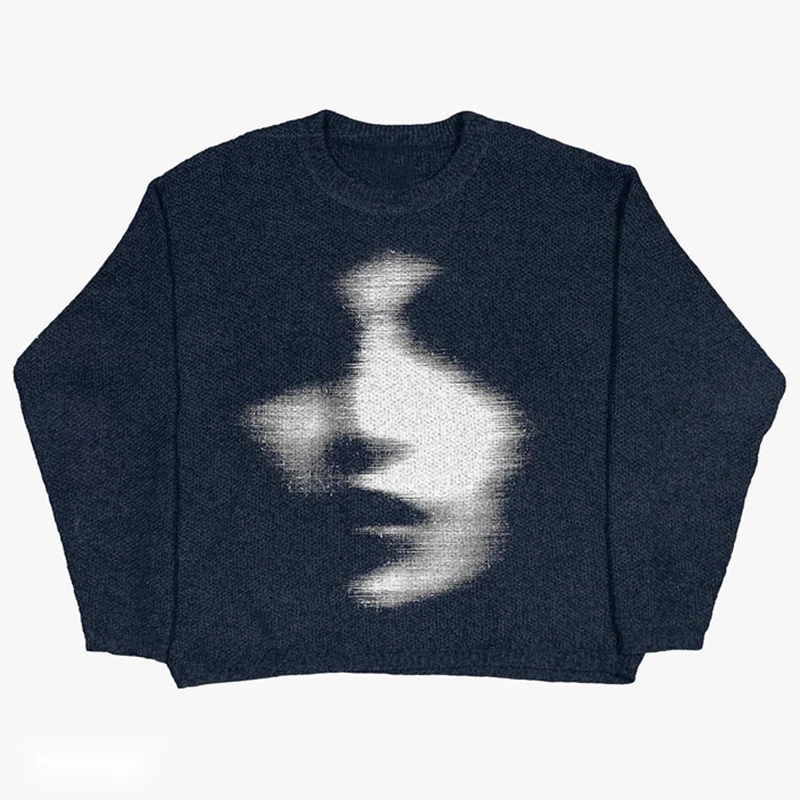 สเวตเตอร์แนวฮิปฮอปสำหรับผู้ชายเสื้อสเวตเตอร์ถักแบบสวมหัวทรงหลวมแนวสตรีทย้อนยุคเสื้อกันหนาวแขนยาวสไตล์ฮาราจูกุโอเวอร์ไซส์ Y2k วินเทจ