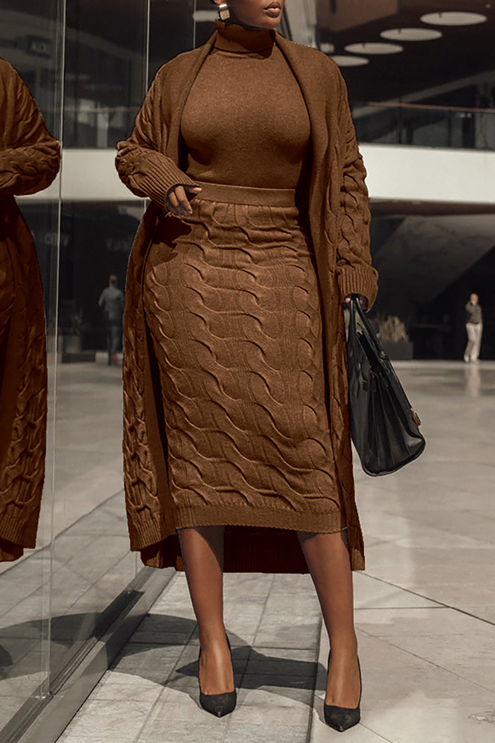 Plus Size Mulheres Outono Inverno Cardigan Diário Ash Cable Knit Cardigan Com Bolso Duplo