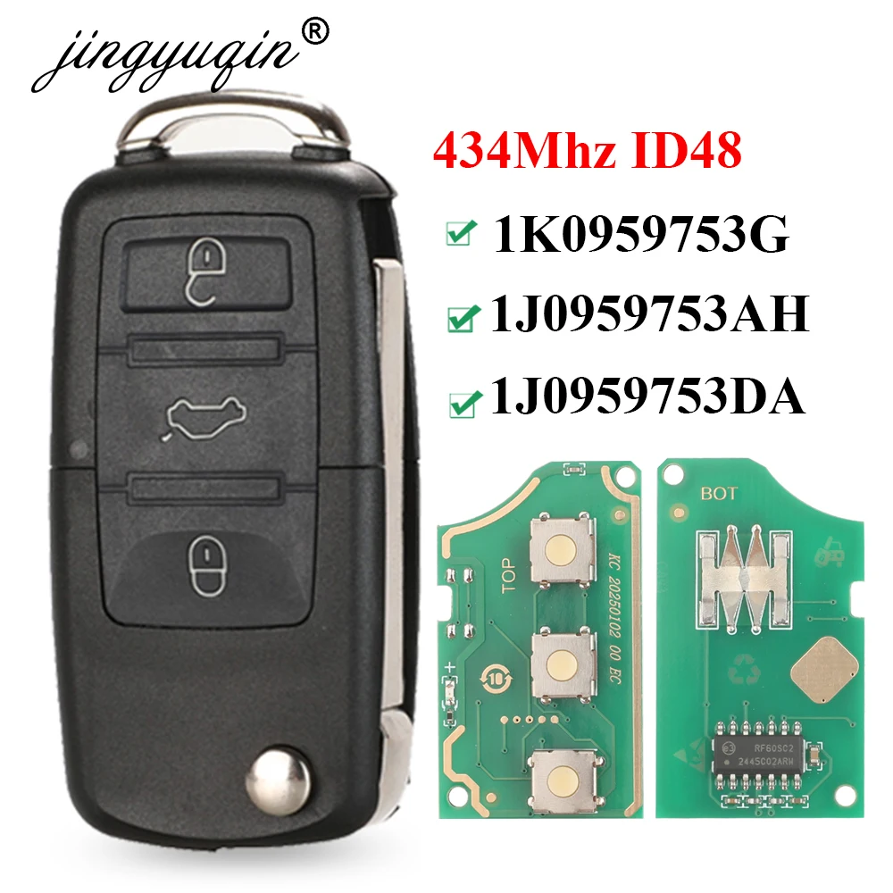 Jingyuqin chave remota de carro com 3 botões para VW PASSAT Polo Skoda Seat Polo/Golf/Beetle 1J 0959753   DA/AH 1K 0959753 G 434Mhz ID48