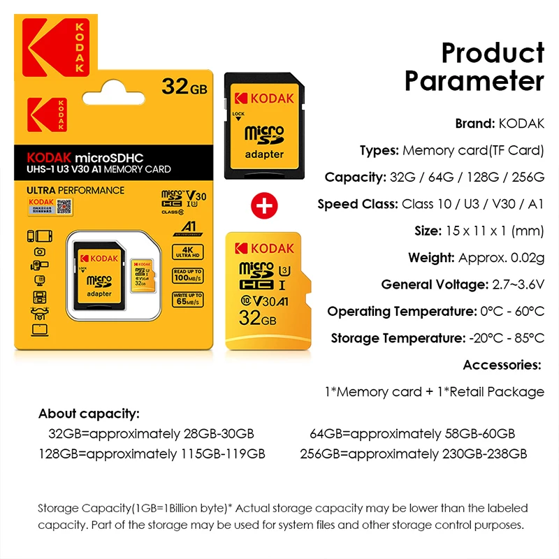 Карта памяти KODAK 64G Ultra 64 ГБ A1 U3 4K Micro SD SDHC Microsd UHS-I C10 TF Performance Flash Original Minisd с адаптером
