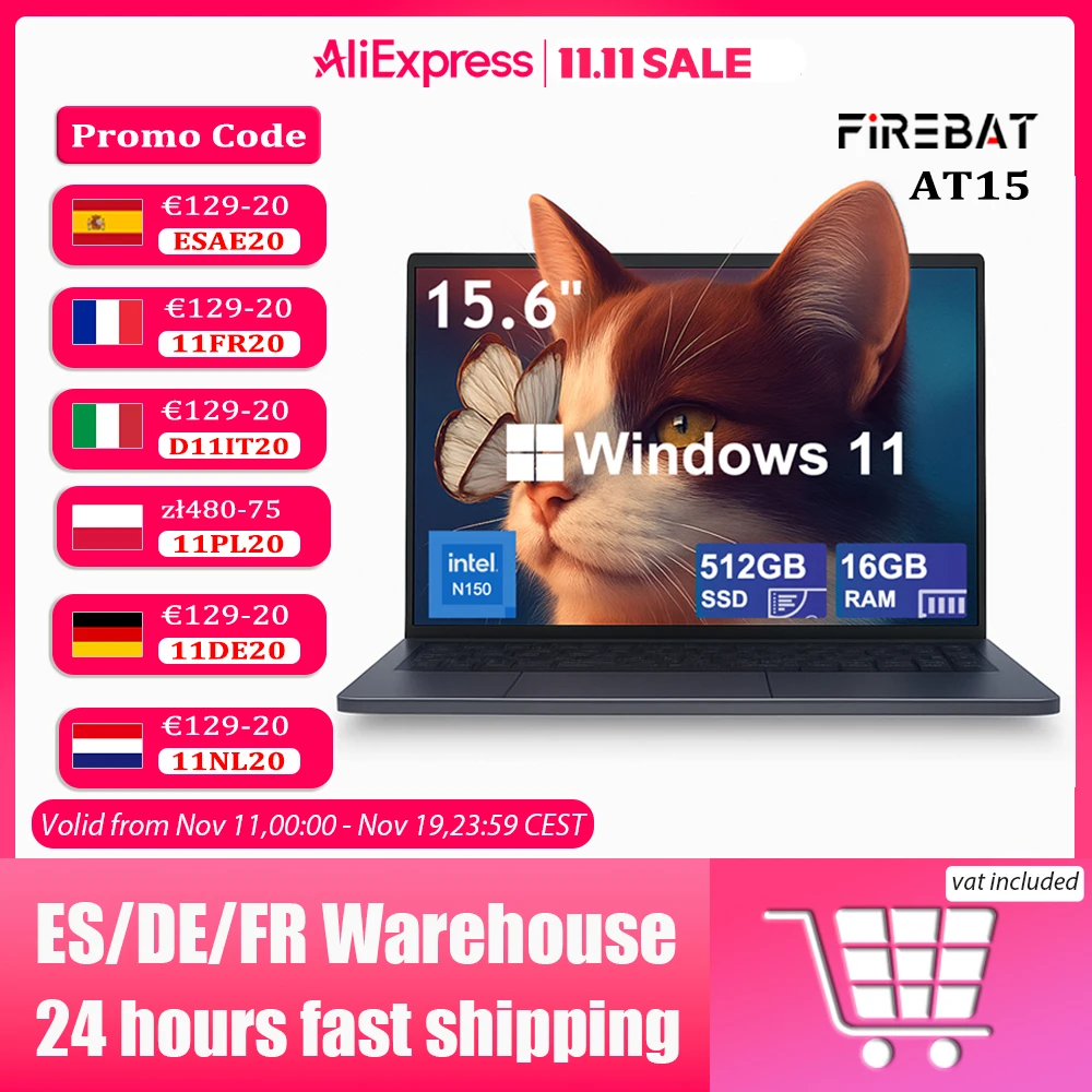 【Marchio+】Firebat Laptop AT15 15.6 pollici Intel N150 DDR4 16 GB RAM 512 GB 1 TB SSD 1920 * 1080 Windows 11 Notebook retroilluminato integrato