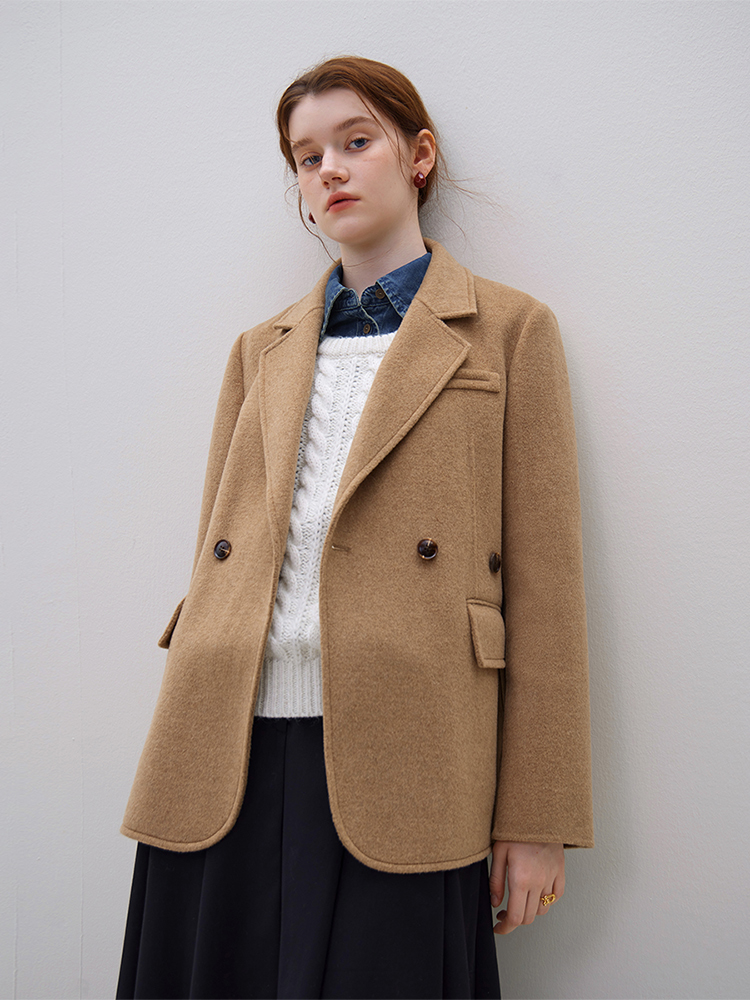 FSLE 100 % Wolle, kurzer Blazer im Pendler-Stil, doppelseitige Wolljacken, einreihig, zwei Knöpfe, Bürodame, einfache Anzugmäntel