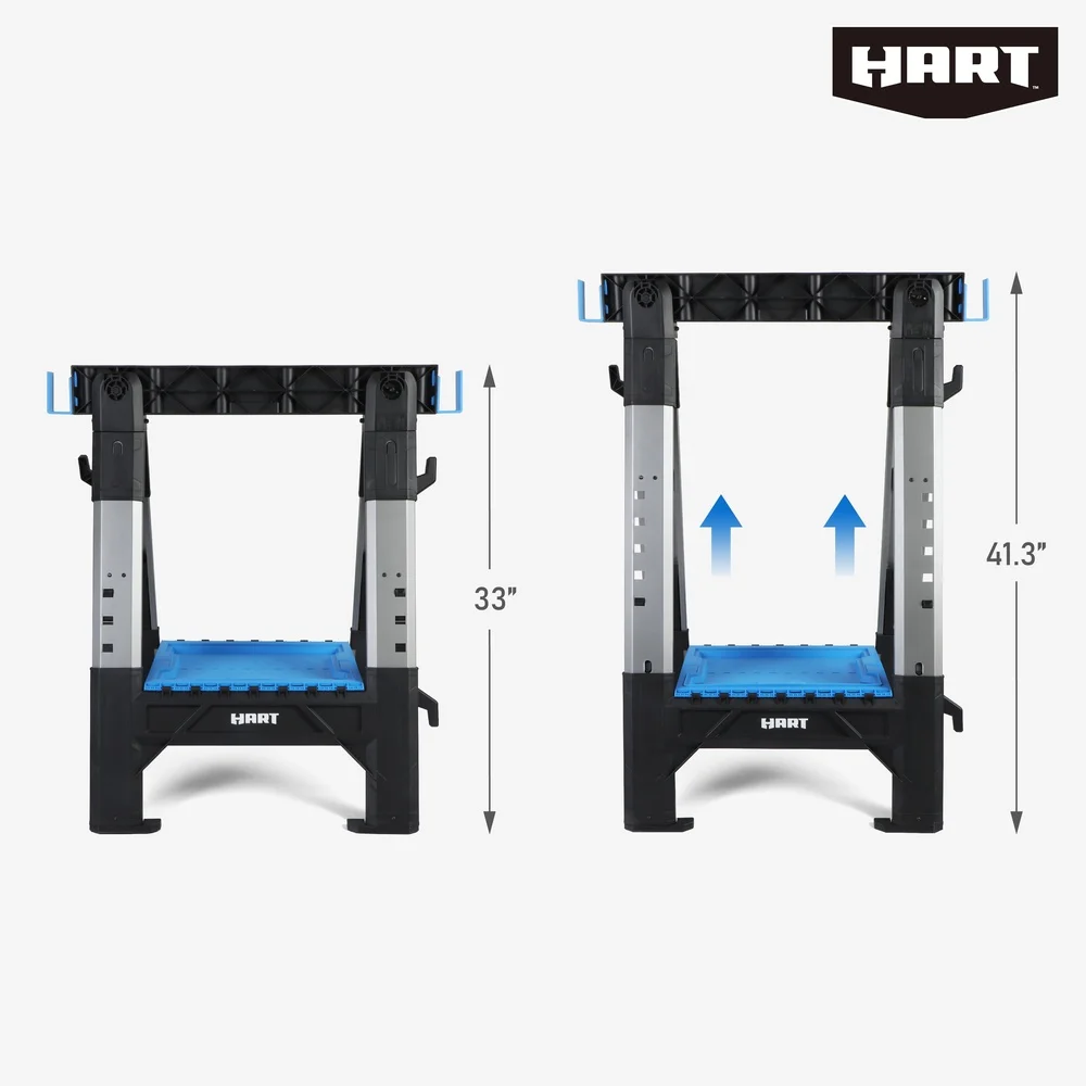 Heavy-Duty Folding Sawhorse Adjustable Height Portable Work Support Non-Slip Rubber Feet Built-In Tool Tray Contractors