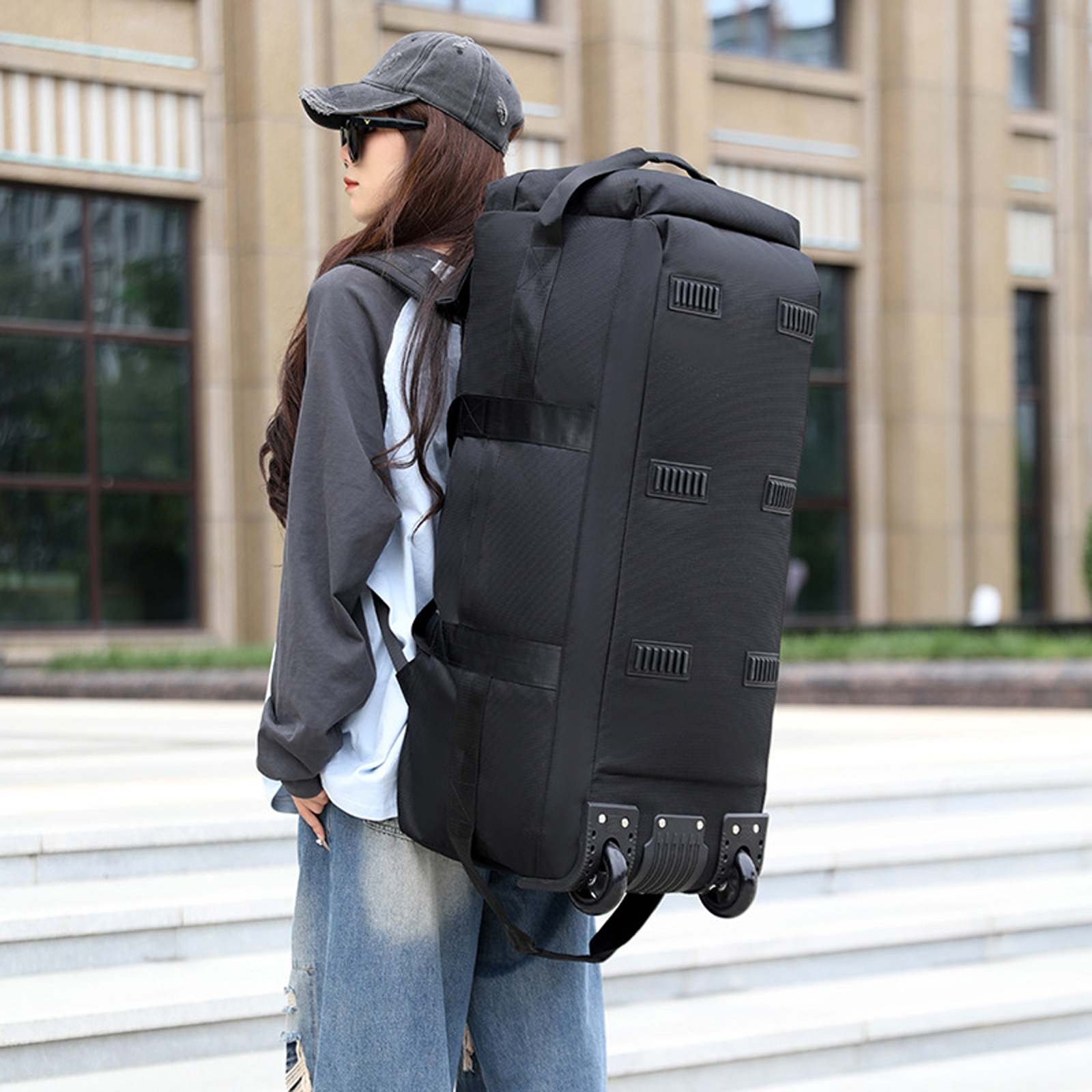 Bolsa de lona com rodas, bolsa de roupas com rodinhas, grande, portátil, mala noturna, mochila para praia, viagem de negócios, acampamento, armazenamento