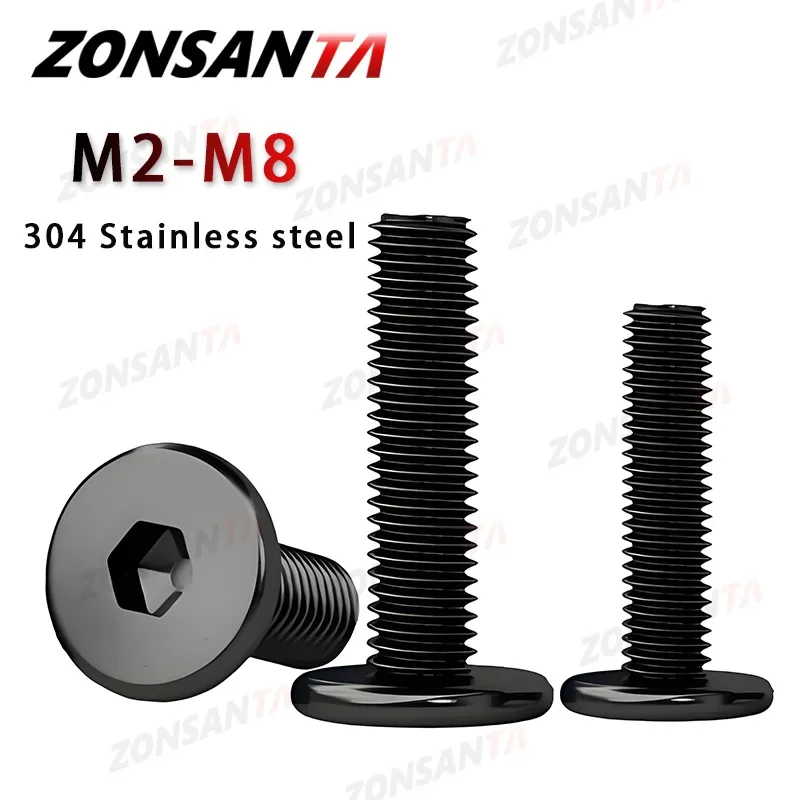 Perno de cabeza ultrafino hexagonal Allen de acero inoxidable 304 negro, tornillo de cabeza de oblea plana ultrafina M2 M2.5 M3 M4 M5 M6 M8