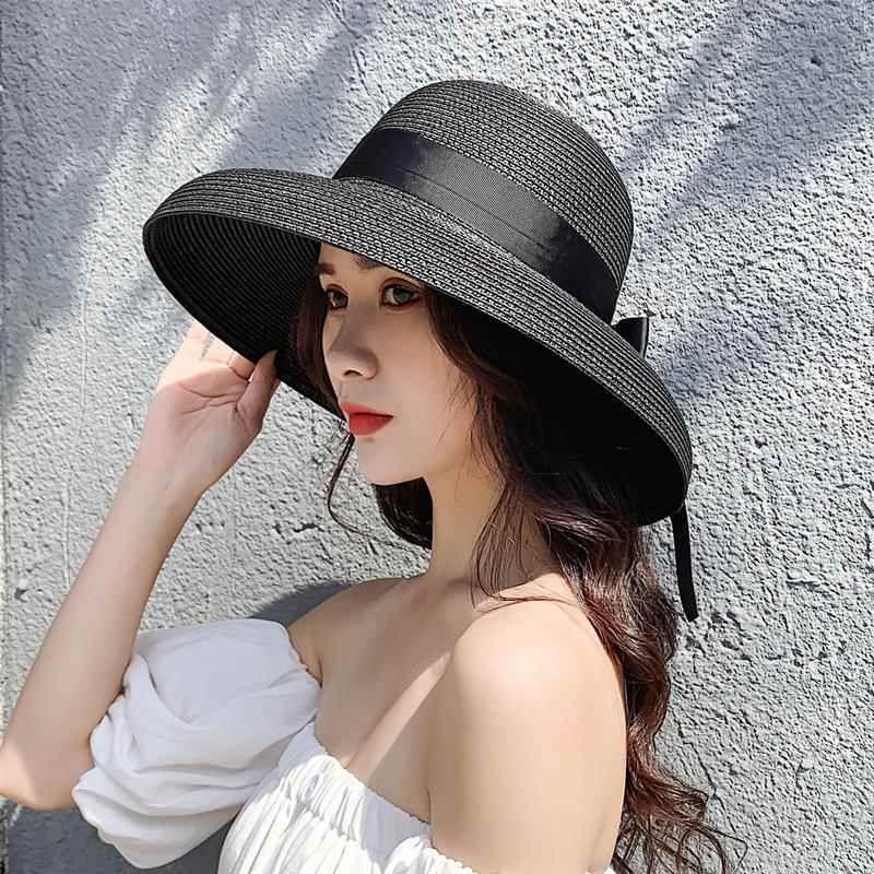 Retro Hepburn Black Internet Famous Straw Hat Sunshade Hat Sunscreen Beach Holiday Large Brim Women's Summer Sun Hat