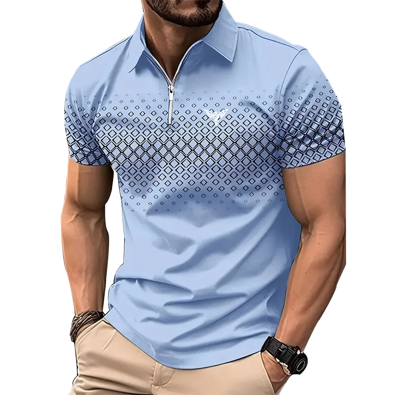 Mannen Persoonlijkheid Zomer Mode Sport Korte Mouw Casual Revers Rits Poloshirt Mannen Print Polyester Sneldrogend Poloshirt Top