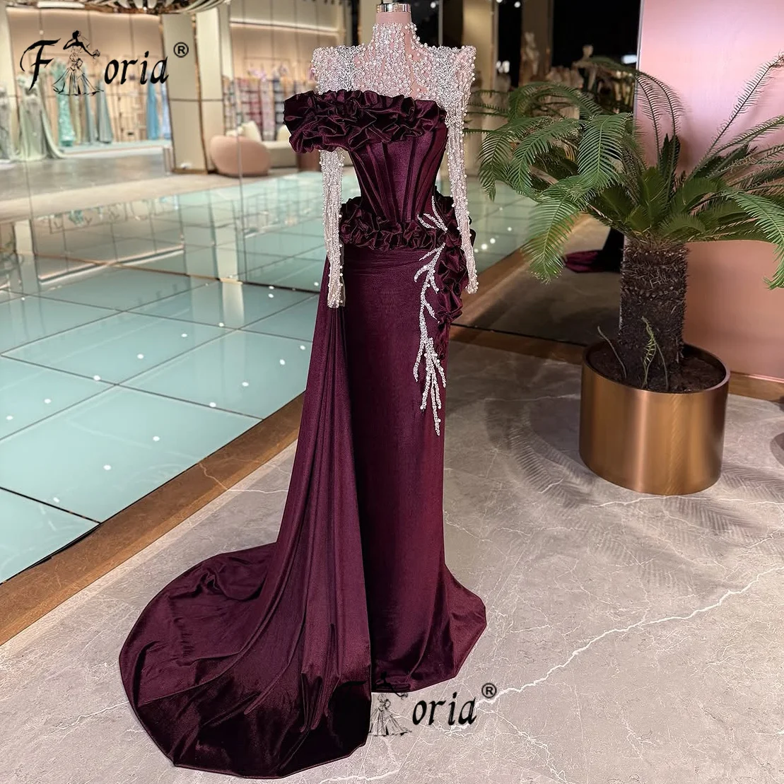 Elegantes Burgunder-Abschlussballkleid mit Perlen und Rüschen, formelle Abendkleider, individuell gestaltet, lange Schleppe, Cocktailroben, Longues Soirées Gosgante