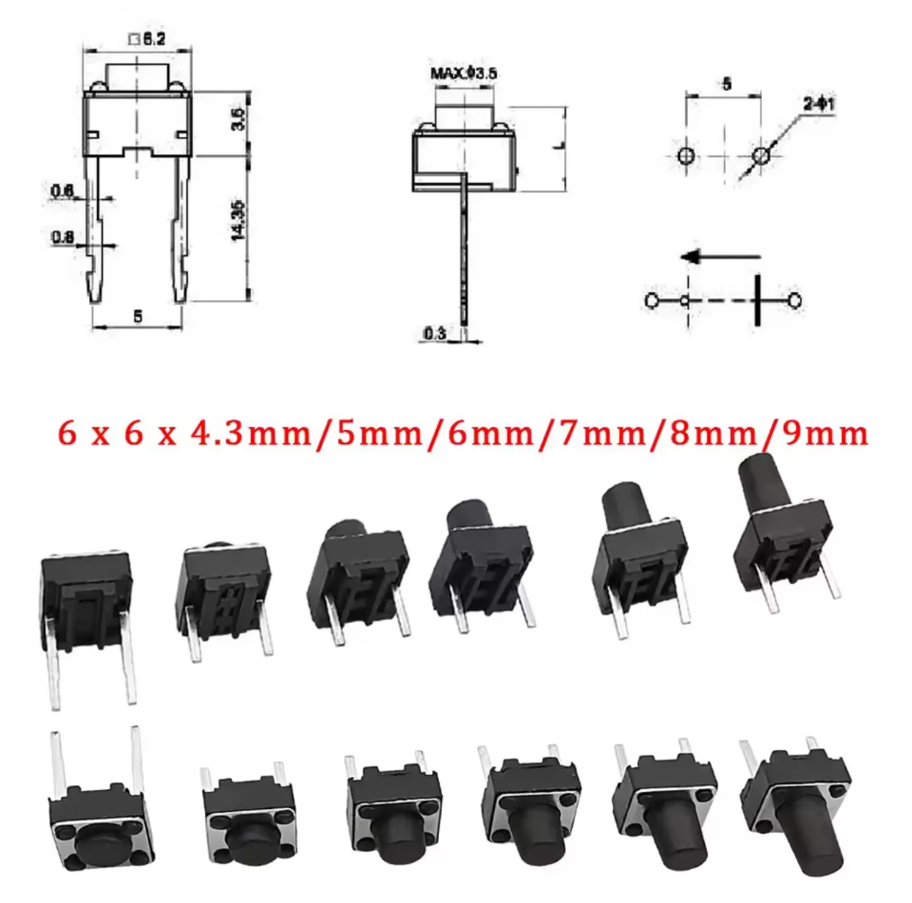 20/50/100 Uds Micro interruptor táctil interruptor DIP de tacto momentáneo 2 pines 6x6mm interruptor de botón Micro táctil alto 5mm 6mm 7mm 8mm 9mm