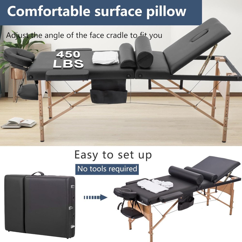 Massage Bed Portable Massage Table 24 inche Wide Lash Bed 3 Folding Heigh Adjustable Spa Table with Non-Woven Bag