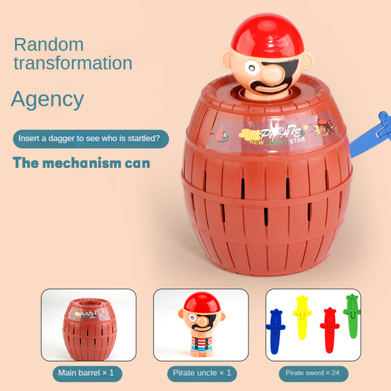 Secchio pirata giocattolo per bambini interattivo piccolo gioco da tavolo parodia scherzo inserto spada secchio di legno signor gioco