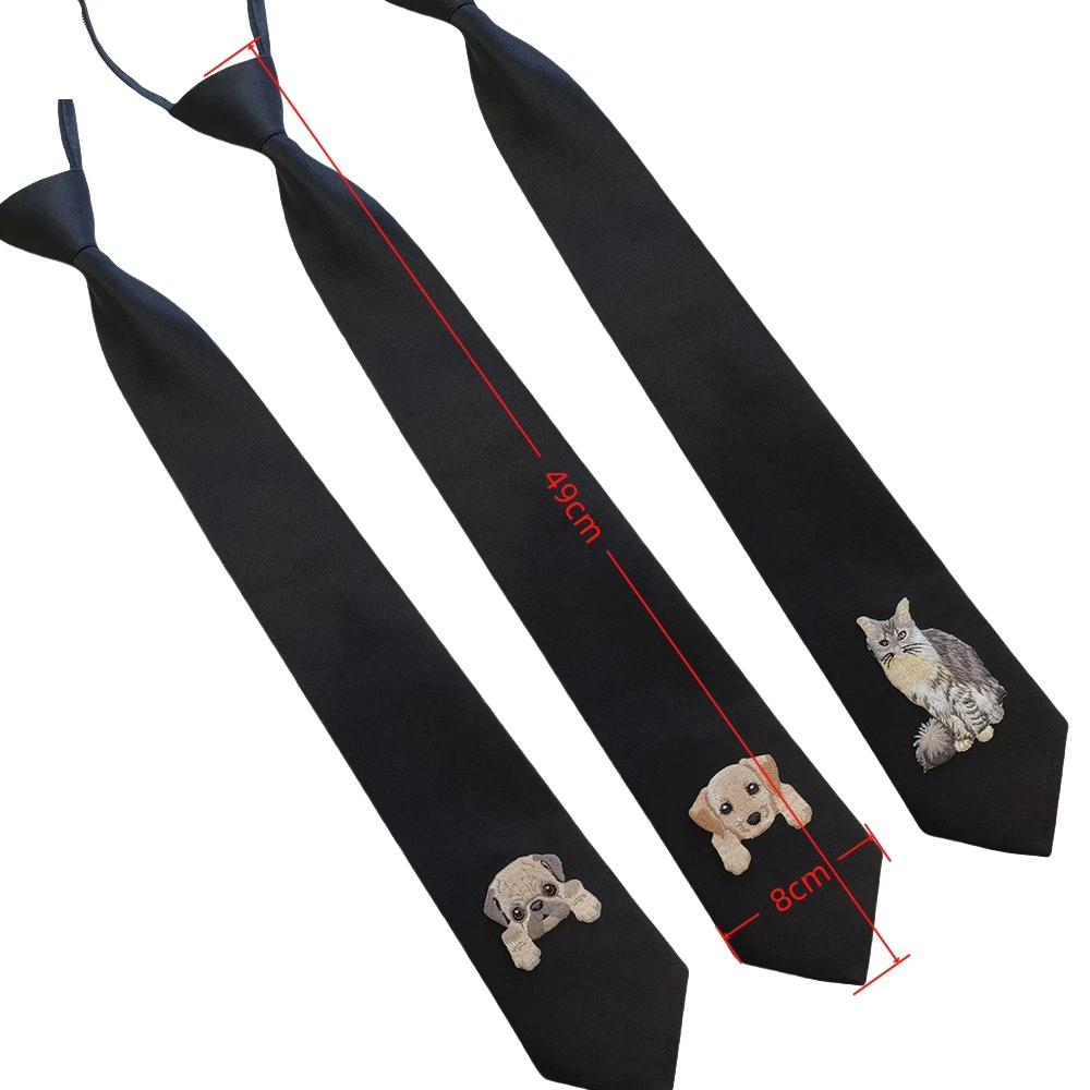49CM Dierenborduurwerk Luie stropdas Homecoming Student Rits Stropdas Jk Kraag Effen kleur Zwarte stropdas voor academische nachtclubstijl