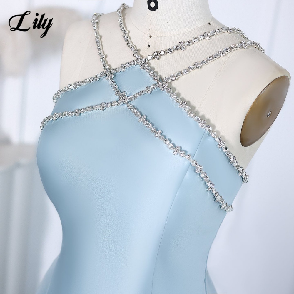 Lily Light Blue Prom Dress Shiny Beading Halter Party Dresses Stain  Sleeveless Celebrity Gowns with Detachable Tail Customized