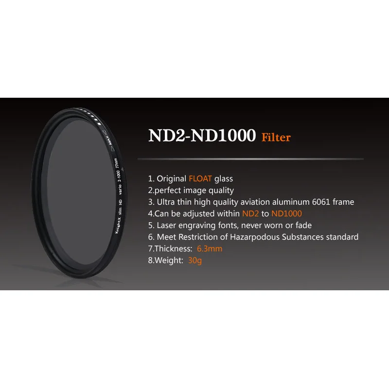 KnightX ND2-ND1000 Fotocamera reflex DSLR Filtro ND variabile Densità neutra Fader regolabile ND2-400 49 52 55 58 62 67 72 77 mm