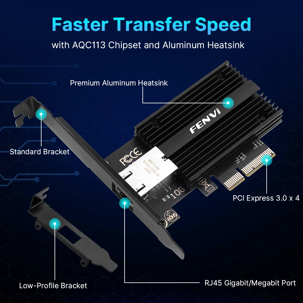 Сетевая карта fenvi 10 Гбит/с Pcie к RJ45 Марвелл AQC113C 1G/2,5G/5G/10 Гбит/с Интерфейс RJ45 Gigabit Ethernet PCI Express LAN-адаптер