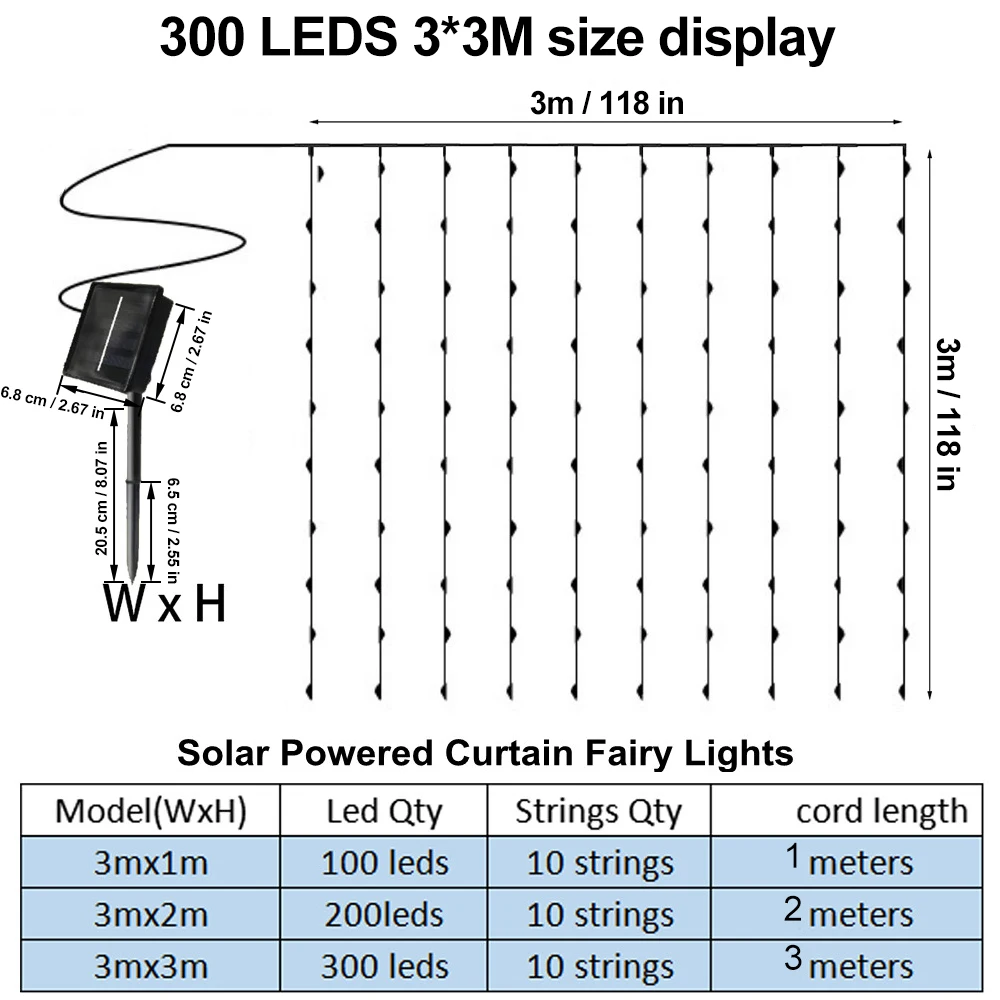 Luces de cortina solares LED, luces de hadas impermeables para exteriores con 8 modos para dormitorio, ventana, Patio, boda, vacaciones, decorativas