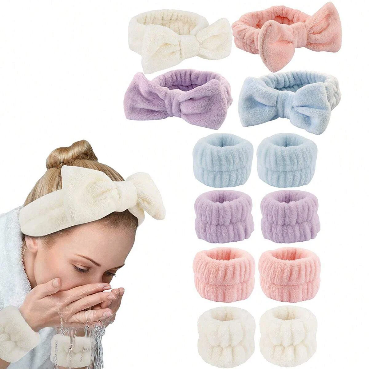 3 pçs/set-conjunto de faixa de pulso de bandana, 1 pc coral velo maquiagem facial bandana de cabelo elástico alto e 2 pçs faixa de lavagem de pulso
