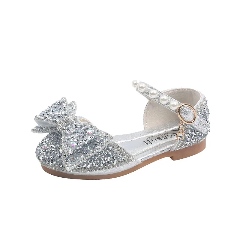 Ainyfu sandálias infantis de lantejoulas, sapatos de princesa com laço doce e strass, moda antiderrapante, sandálias planas com fundo macio para crianças