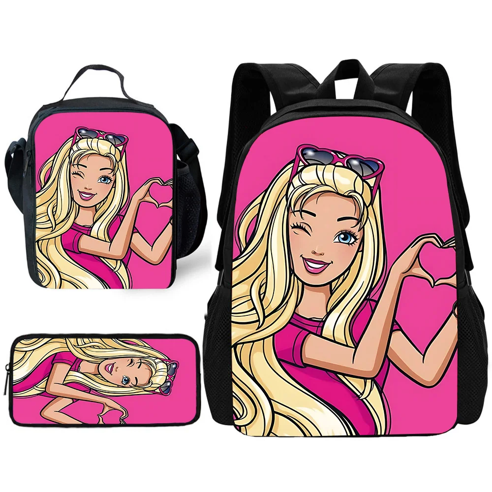 Mochila escolar infantil Barbie com lancheiras, bolsas para lápis, bolsas escolares para meninos e meninas, melhor presente