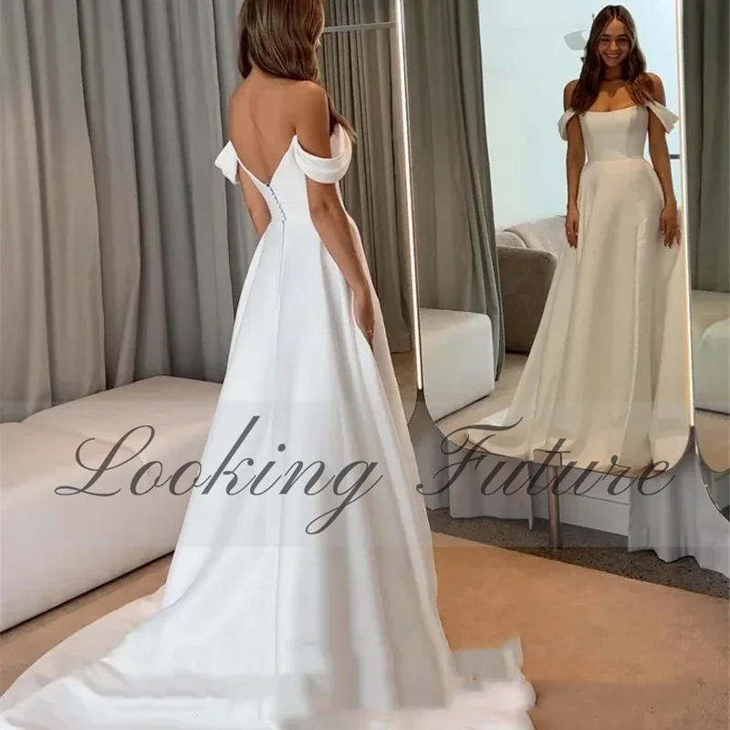 Aangepaste elegante satijnen zeemeermin trouwjurken 2025, strapless off-shoulder zijsplit bruid gewaad knop vestidos de novia