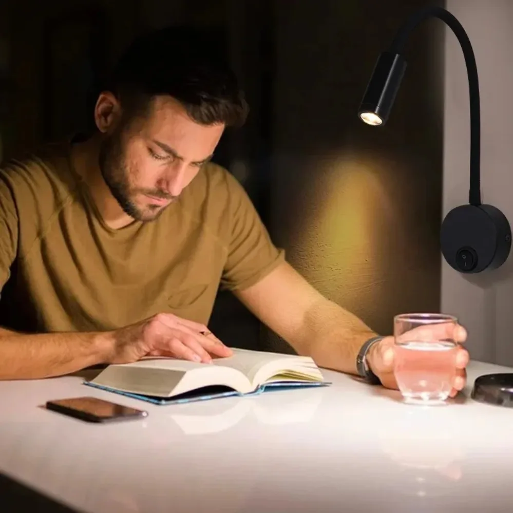 LED Gooseneck Reading Wall Lamp 3W With Switch Flexible Adjustable Working Study Wall Mounted Bedroom Bedside Night Light
