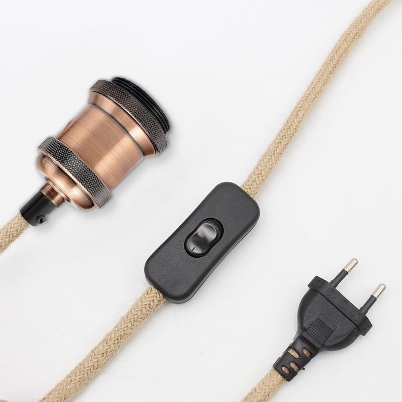 Genixgreen E27 Lampensockel Netzkabel EU-Stecker Hanfseil 2 Meter elektrischer Draht Fassung Kupferfassung Retro EIN/AUS-Schalterkabel