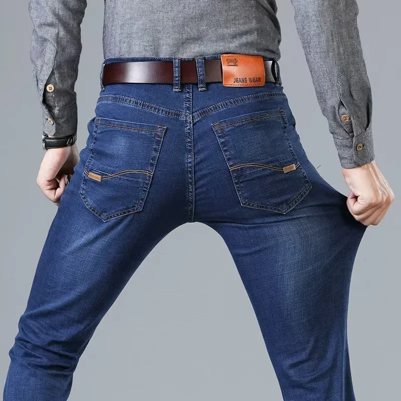 Pantalones vaqueros informales de negocios suaves y cómodos para hombre, Pantalones rectos ajustados, ropa elástica ligera de lujo a la moda para hombre