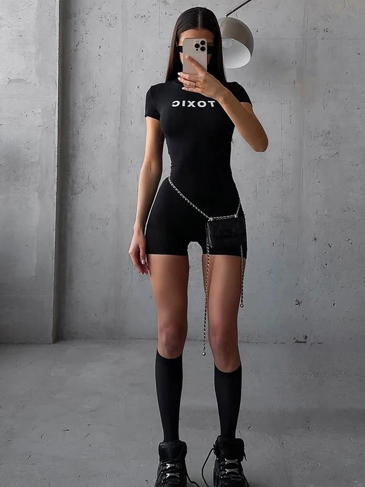 Nibber Pfirsich Hüfte Brief Drucken Mode Strampler Frauen Körper-Gestaltung Dünne oansatz Mini Hülse Enge Casual Einfache Workout Playsuits