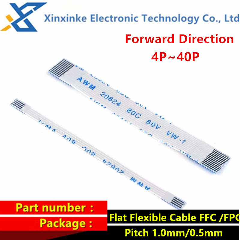 10 peças cabo flexível plano dianteiro ffc/fpc awm 20624 80c 60v VW-1 0.5mm 1.0mm 4/5/6/8/10/12/14/16/18/20/24/26/30/40 pinos 5-50cm
