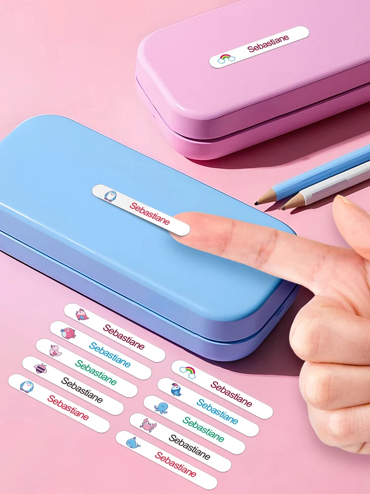 Adesivi con nome personalizzato impermeabile per bottiglie d'acqua e cancelleria per bambini, etichette personalizzate colorate, vinile resistente, ecologico