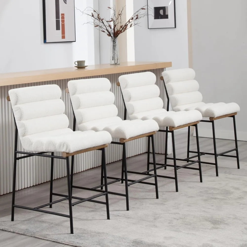 Pair of Modern Sherpa White Upholstered Counter Stools, 25 Seat Height with Tufted Back and Cushion for Comfort