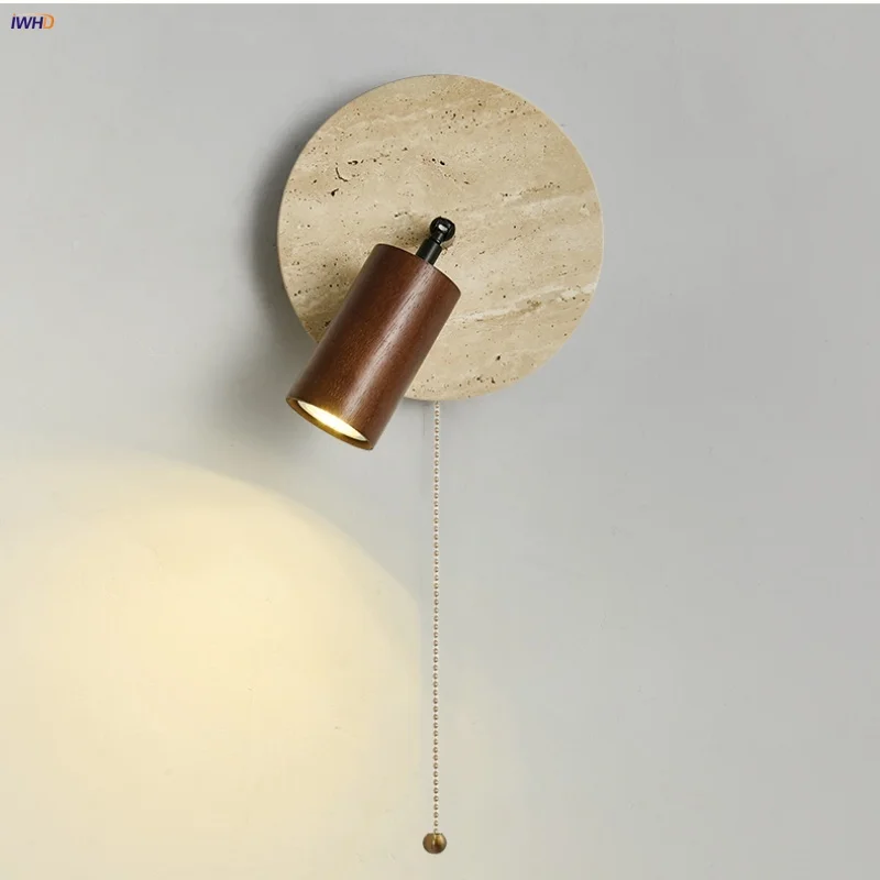 IWHD Wabi Sabi Lampu Dinding LED Tempat Lilin Saklar Rantai Tarik Tangga Kamar Tidur Ruang Makan Kayu Putar Cermin Kamar Mandi Lampu Aplique Dikupas