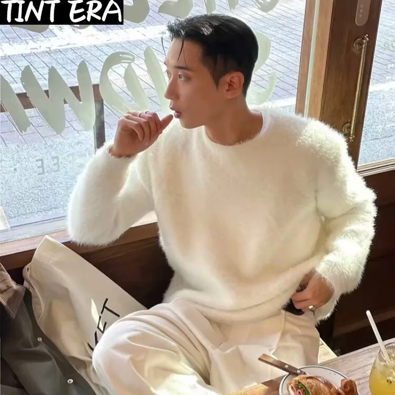 Mohair suéteres masculino coreano engrossar quente tricô outono inverno solto casual manga longa pullovers velo streetwear